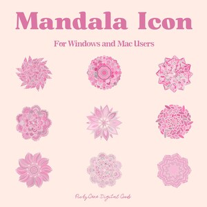 May include: A collection of nine pink mandala icons with intricate designs, set against a light pink background. The text "Mandala Icon" is displayed at the top, with "For Windows and Mac Users" below. The bottom right corner displays "Picky Gene Digital Goods."