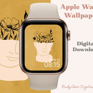 Puede incluir: Un Apple Watch con caja dorada y correa beige muestra un fondo de pantalla digital. El fondo de pantalla presenta un dibujo lineal de un rostro con flores y follaje. La hora es 08:15 del domingo 22. Descarga digital.