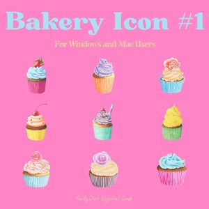May include: A pink background with the text "Bakery Icon #1" and "For Windows and Mac Users." Nine watercolor cupcakes with various frosting colors and toppings are arranged across the image. The cupcakes are in colorful paper cups.