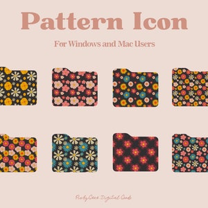 May include: Eight floral pattern icon designs for Windows and Mac users. Each icon is a folder shape with a different flower pattern in various colors, including yellow, pink, and blue, on a dark background. The text "Pattern Icon" is at the top.