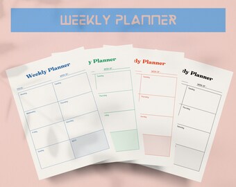 May include: A stack of weekly planners with a light blue banner that reads "WEEKLY PLANNER". Each planner has a different color scheme: blue, green, red, and black. The planners are designed with sections for each day of the week.