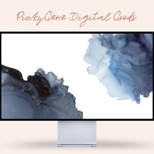 May include: A computer monitor displays an abstract digital art piece. The artwork features flowing, watercolor-like patterns in shades of blue, gray, and gold against a white background. The text "PickyGene Digital Goods" is at the top.