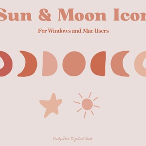 May include: A digital graphic with a light pink background features a series of moon phases in shades of orange and pink, a star, and a sun icon. Text at the top reads "Sun & Moon Icon" and "For Windows and Mac Users."