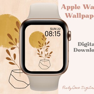 Puede incluir: Un Apple Watch con una correa beige muestra un fondo de pantalla digital con un diseño minimalista. El fondo de pantalla tiene un fondo beige con un círculo dorado y una ilustración de planta marrón. La esfera del reloj muestra "DOM 22 08:15". Las palabras "Apple Watch Wallpaper" y "Digital Download" también son visibles.