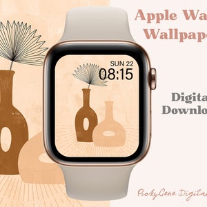 May include: An Apple Watch with a cream strap shows a digital wallpaper with two vases and a palm leaf design in brown and beige tones. The time is 08:15 on Sunday 22nd. Text reads "Apple Watch Wallpaper" and "Digital Download."