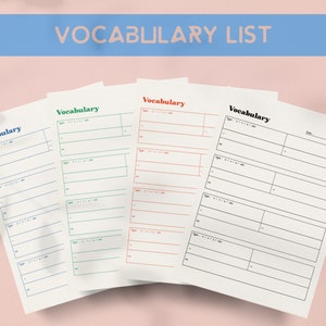 Vocabulary List | Language Study, Printable Note Insert, Language Planner, Printable PDF, Digital Planner, Minimalist, A4, Letter Size