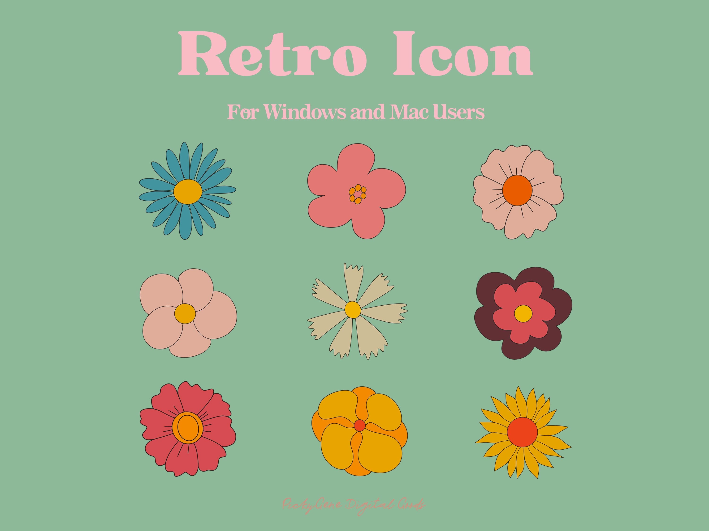 Retro Flowers DESKTOP ICON _ Folder Icons, Mac Icon, Windows Icon
