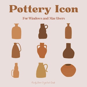 May include: A digital graphic featuring nine pottery icons in shades of brown and tan against a light pink background. The text "Pottery Icon" is at the top, with "For Windows and Mac Users" below. The bottom right corner has the text "Picky Gene Digital Goods."