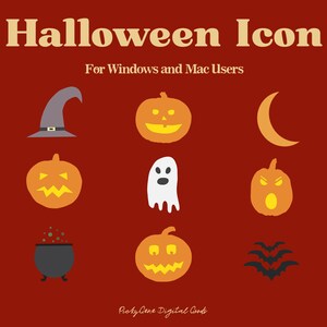 Puede incluir: Iconos de Halloween sobre un fondo rojo. Incluyen un sombrero de bruja, calabazas, una luna creciente, un fantasma, un caldero y murciélagos. El texto dice "Halloween Icon" y "For Windows and Mac Users."