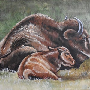 May include: A painting of a brown bison with a calf. The bison is lying down with its head turned to the side, while the calf is lying down next to it. The painting is done in a realistic style and captures the animals' natural beauty.