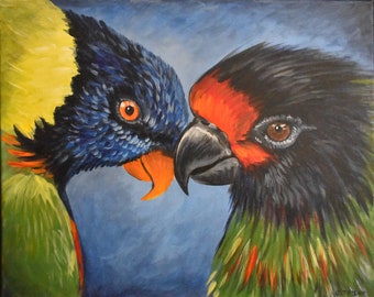 Pintura acrílica sobre lienzo de algodón estirado pájaros de amor