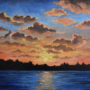 Acrylic painting on stretched cotton canvas sunset sky over the lake