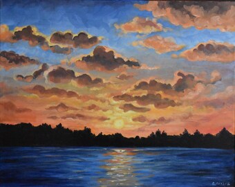 Acrylic painting on stretched cotton canvas sunset sky over the lake