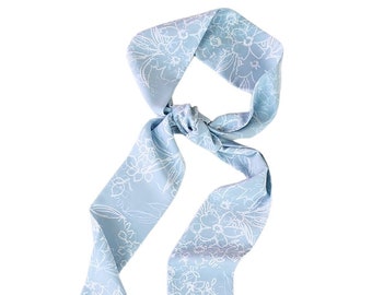 Light Blue and White Floral Long Skinny Scarf, 100% Woven Silky Polyester, Ponytail Scarf, Neck Scarf, Hair Scarf