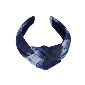 Knotted Headband for Women, Tie Dye Blue Denim Lightly Padded Top Knot Headband