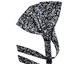 Black and White Spirals Batik Expandable Headband Scarf with Ties, 100% Cotton, Boho Hair Scarf, Extra Wide Headband, Scrunch Headband