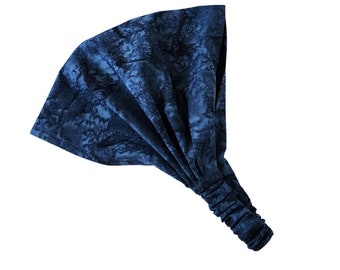 Navy Batik Expandable Headband with Elastic Back, 100% Cotton, Boho Headscarf, Wide Headband, Scrunch Headband, Headwrap