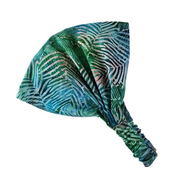Tropical Leaves Batik Soft Scarf Headband with Elastic Back, 100% Cotton, Boho Head Scarf, Extra Wide Scrunch Headband, Hair Wrap