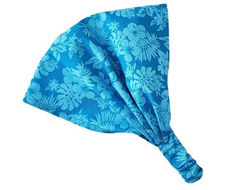 Blue Tropical Floral Print Soft Scarf Expandable Headband with Elastic Back, 100% Cotton, Boho Head Scarf, Extra Wide Scrunch Headband