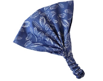 Blue Feather Print Soft Scarf Expandable Headband with Elastic Back, 100% Cotton, Boho Head Scarf, Extra Wide Scrunch Headband