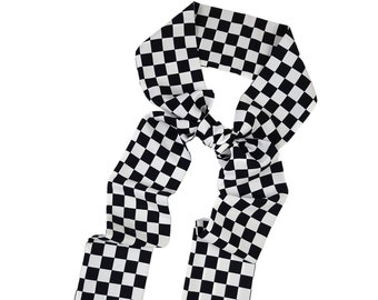 Black and White Check Long Skinny Scarf, 100% Woven Silky Polyester, Ponytail Scarf, Neck Scarf, Hair Scarf, Headband Scarf