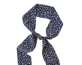 Ditsy Floral Print in Navy and Ivory Long Skinny Scarf, 100% Woven Polyester, Ponytail Scarf, Neck Scarf, Hair Scarf, Tie Headband, Hair tie