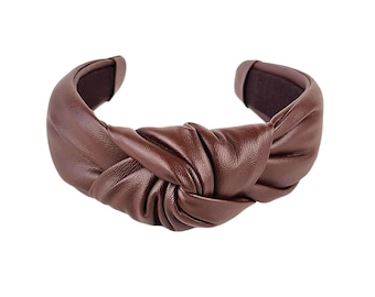 Knotted Headband for Women, Walnut Brown Faux Leather Top Knot Hairband, Brown Vegan Leather Hairband