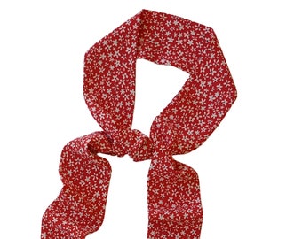 Ditsy Floral Print in Red and Ivory Long Skinny Scarf, 100% Woven Polyester, Ponytail Scarf, Neck Scarf, Hair Scarf, Tie Headband, Hair tie