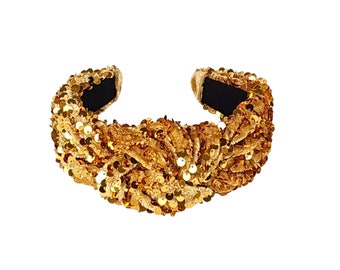 Gold Sequins on Gold Velvet Knotted Headband for Women, Gold Velvet and Sequin Top Knot Structured Hairband