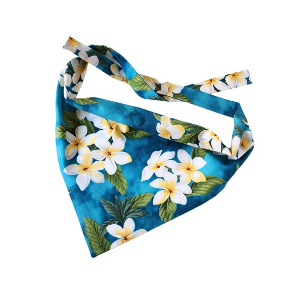 Turquoise Plumeria Flower Retro Triangle Head Scarf with Ties, 100% Lightweight Cotton, Boho Head Scarf, Bandana Headband, Kerchief Scarf