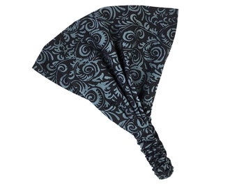 Midnight Spirals Batik Expandable Headband with Elastic Back, 100% Cotton, Boho Headscarf, Wide Headband, Scrunch Headband, Headwrap