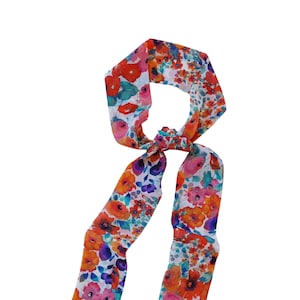 Bright Floral Print Long Skinny Scarf, 100% Woven Polyester Chiffon, Ponytail Scarf, Neck Scarf, Hair Scarf, Tie Headband, Hair Tie