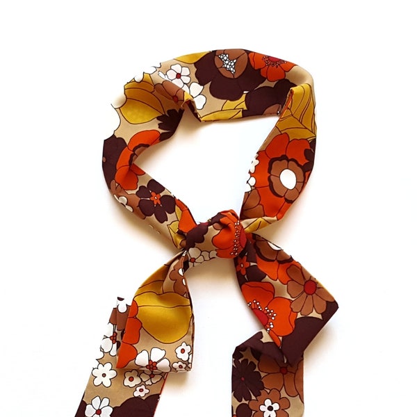 Retro Mod Floral Print in Brown Long Skinny Scarf, 100% Woven Polyester, Ponytail Scarf, Neck Scarf, Hair Scarf, Tie Headband