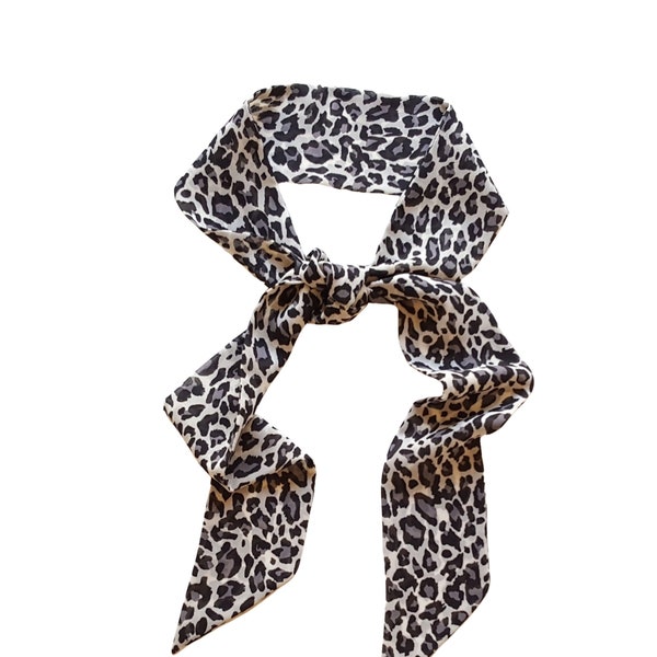 Black and Gray Cheetah/Leopard Print Long Skinny Scarf, 100% Woven Polyester Chiffon, Ponytail Scarf, Neck Scarf, Hair Scarf, Headband Scarf