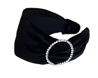 Black Velvet Wide Headband for Women with Crystal Side Buckle, Extra Wide Black Velvet Hairband