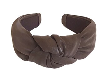 Knotted Headband for Women, Dark Brown Lightly Distressed Faux Leather Top Knot Hairband, Vegan Leather Headband