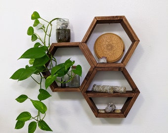 Set of 3 MEDIUM Hexagons Shelves / Honeycomb Shelves / Geometric Shelves / Plant Shelves / Wood Shelf / Floating shelf