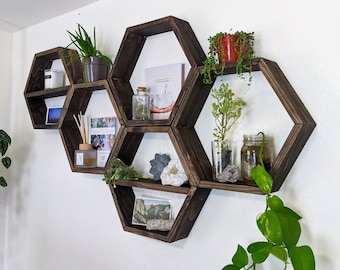 Set of 5 LARGE Hexagon Shelves / Honeycomb Shelves / Geometric Shelves / Plant Shelves / Wood Shelf / Floating shelf