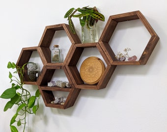 Set of 5 MEDIUM Hexagons Shelves / Honeycomb Shelves / Geometric Shelves / Plant Shelves / Wood Shelf / Floating shelf