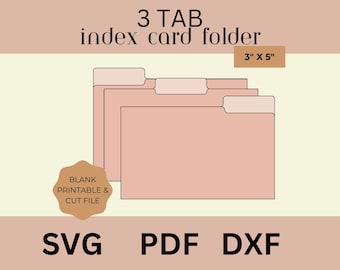 May include: A printable 3-tab index card folder template in pink. The folder is 3 inches by 5 inches and has three tabs for organizing cards. The template is available in SVG, PDF, and DXF formats.