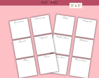 Monthly Printable Sticky Notes, Script minimal style,  Mini Monthly Cards, Sticky note Template
