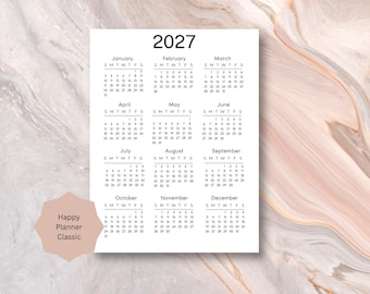 2027 Calendar Happy Planner Insert, Printable PDF, Monday/ Sunday Start