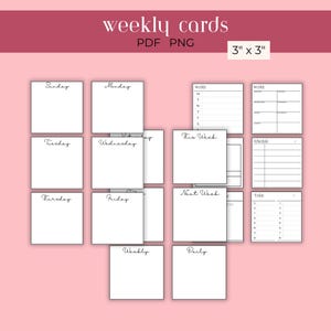Puede incluir: Un conjunto de tarjetas semanales blancas, cada una de 7,6 x 7,6 cm, con texto escrito a mano. Las tarjetas están dispuestas sobre un fondo rosa e incluyen plantillas de planificación semanal y diaria.
