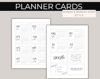 2026 Mini Calendar, Planner Cards, Printable 2026 Calendar, Planner Insert, Journal Card
