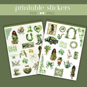 May include: Two sheets of printable stickers with a St. Patrick's Day theme. The stickers feature watercolor illustrations of shamrocks, leprechauns, women in green dresses, horseshoes, and other festive elements. The text "printable stickers" is at the top.