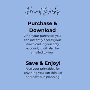 以下が含まれることがあります： 「How it Works」、「Purchase & Download」、「Save & Enjoy!」のテキストが入った水色のグラフィック。購入後にデジタル印刷物へのアクセスと使用方法を説明しています。