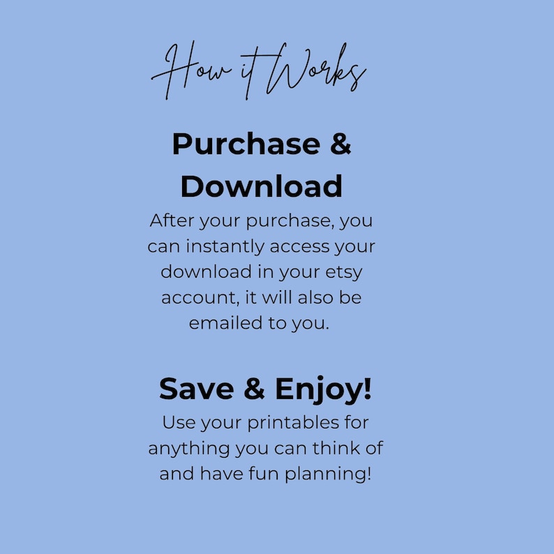 以下が含まれることがあります： 「How it Works」、「Purchase & Download」、「Save & Enjoy!」のテキストが入った水色のグラフィック。購入後にデジタル印刷物へのアクセスと使用方法を説明しています。