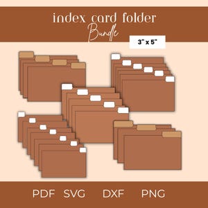 Puede incluir: Un conjunto de carpetas para tarjetas de índice marrones con pestañas blancas y beige. El texto "index card folder Bundle" y "3" x 5"" es visible. En la parte inferior, los tipos de archivo: PDF, SVG, DXF y PNG.