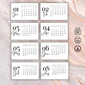 May include: A set of eight rectangular calendar cards for the months of January through August, each featuring a large numerical month, a cursive month name, and a grid of dates. To the right are black icons for a PDF, printer, and download.