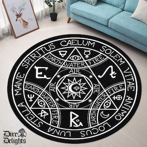 May include: Black and white circular rug with a pentagram design and astrological symbols. The text around the circle reads "Spiritus Caelum Solem Vitae Anima Luna Stella Locus".